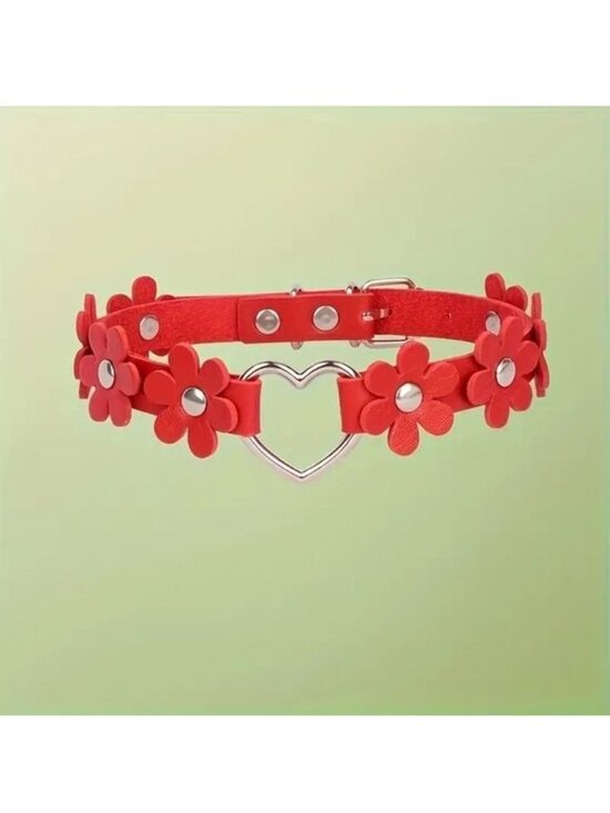 Leather Choker Collar Necklace Jewelry - Leather Choker Necklace Collar Red Flower Sexy Emo Rave Role Play Fetish Edgy